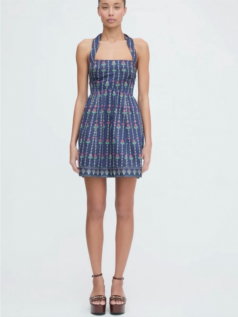 Smocked Halter Mini Dress in Navy Floral
